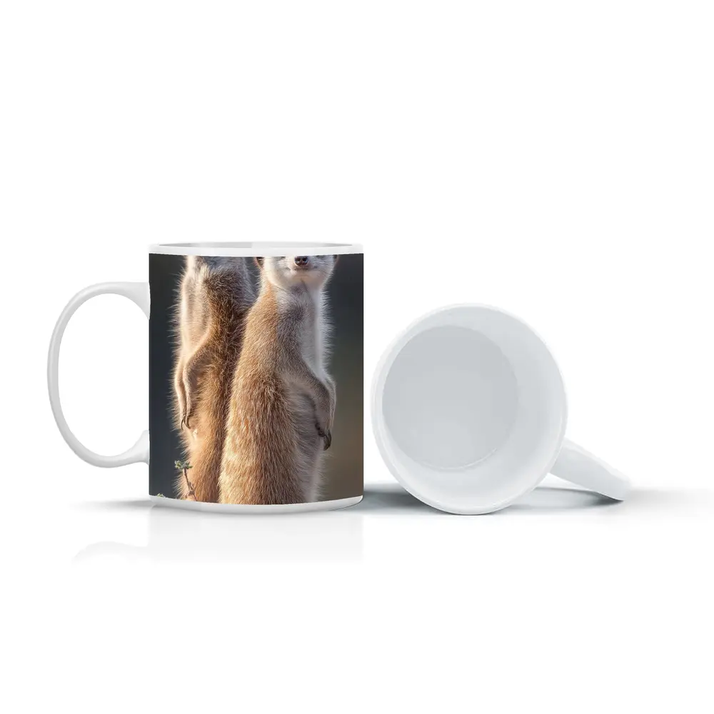 Two Meerkats Standing Alert Desert Background – Mugs