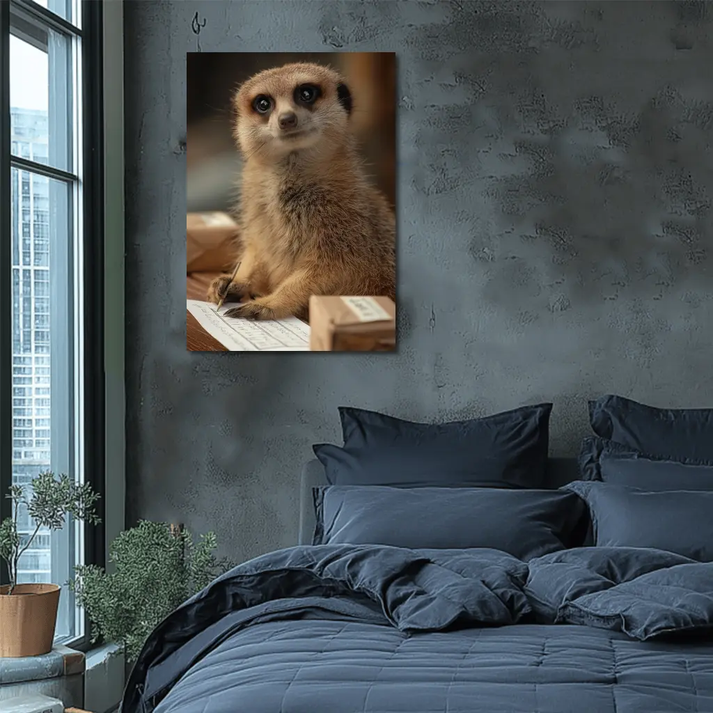 Meerkat Writing Notes On Wooden Desk – Wall Art