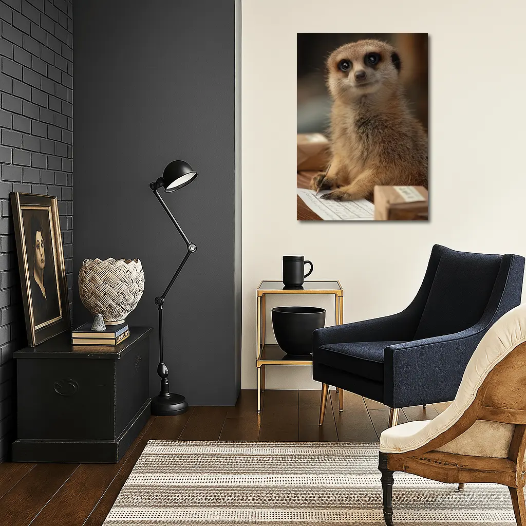 Meerkat Writing Notes On Wooden Desk – Wall Art