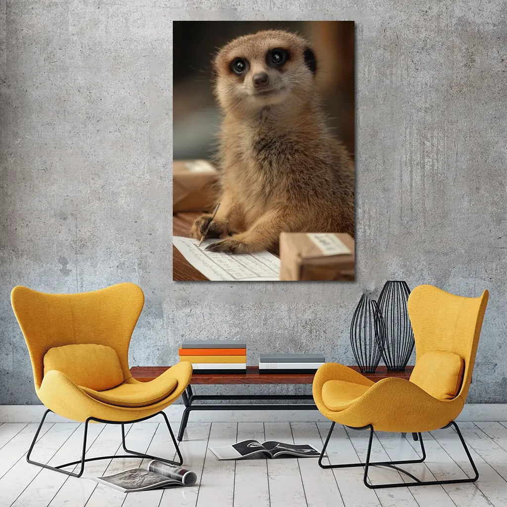 Meerkat Writing Notes On Wooden Desk – Wall Art