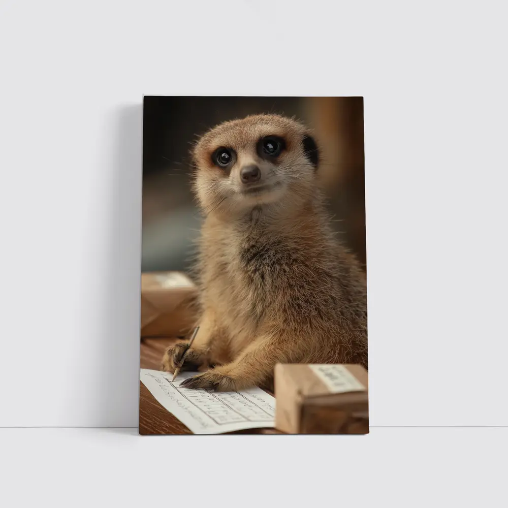 Meerkat Writing Notes On Wooden Desk – Wall Art
