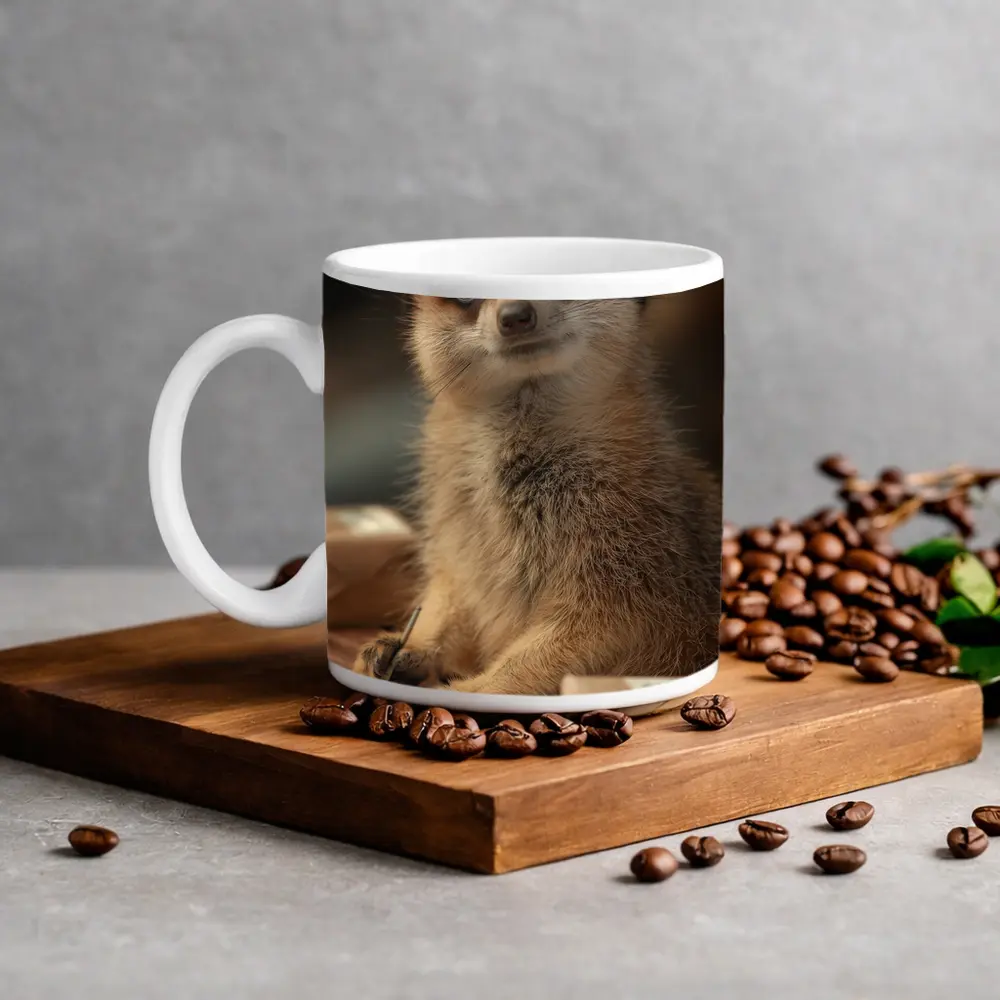 Meerkat Writing Notes On Wooden Desk – Mugs
