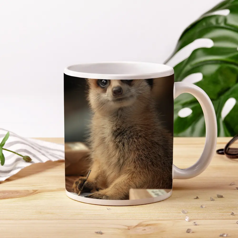 Meerkat Writing Notes On Wooden Desk – Mugs