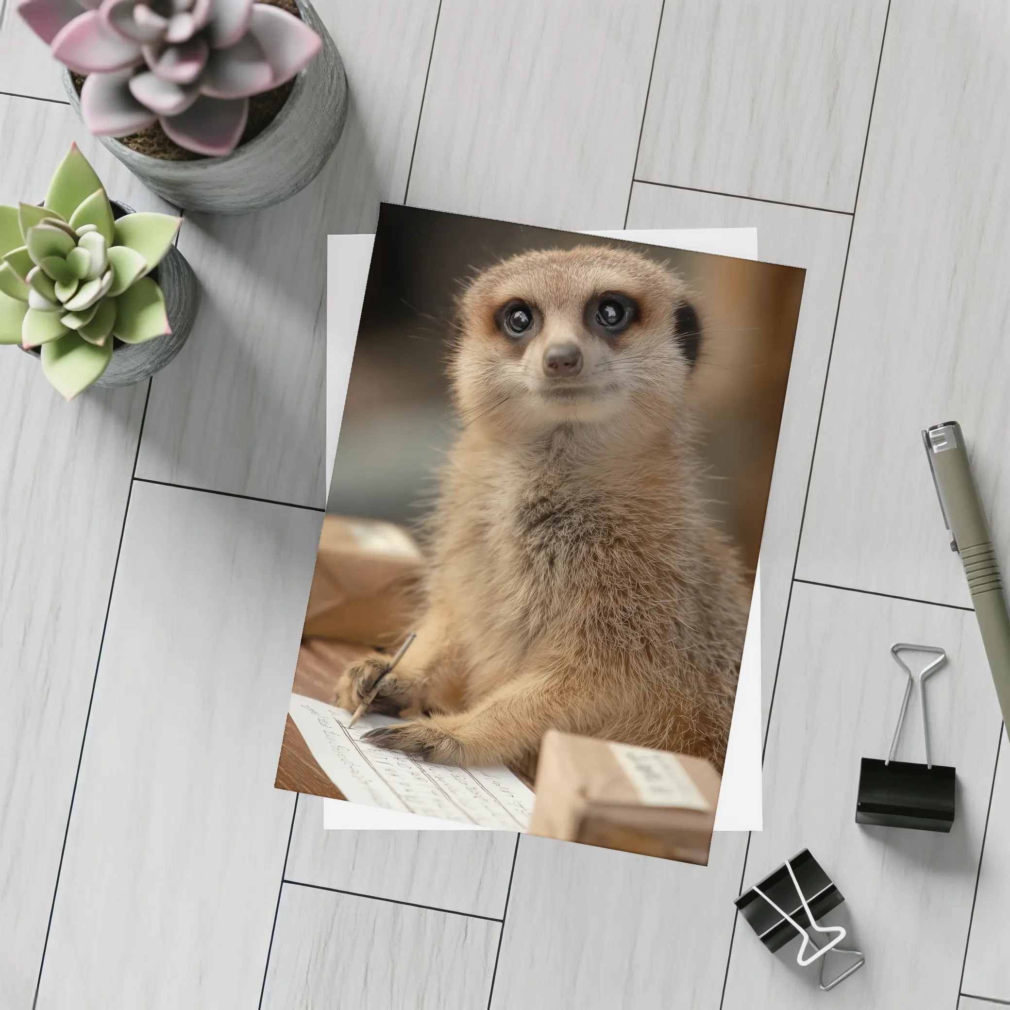 Meerkat Writing Notes On Wooden Desk – Postcards