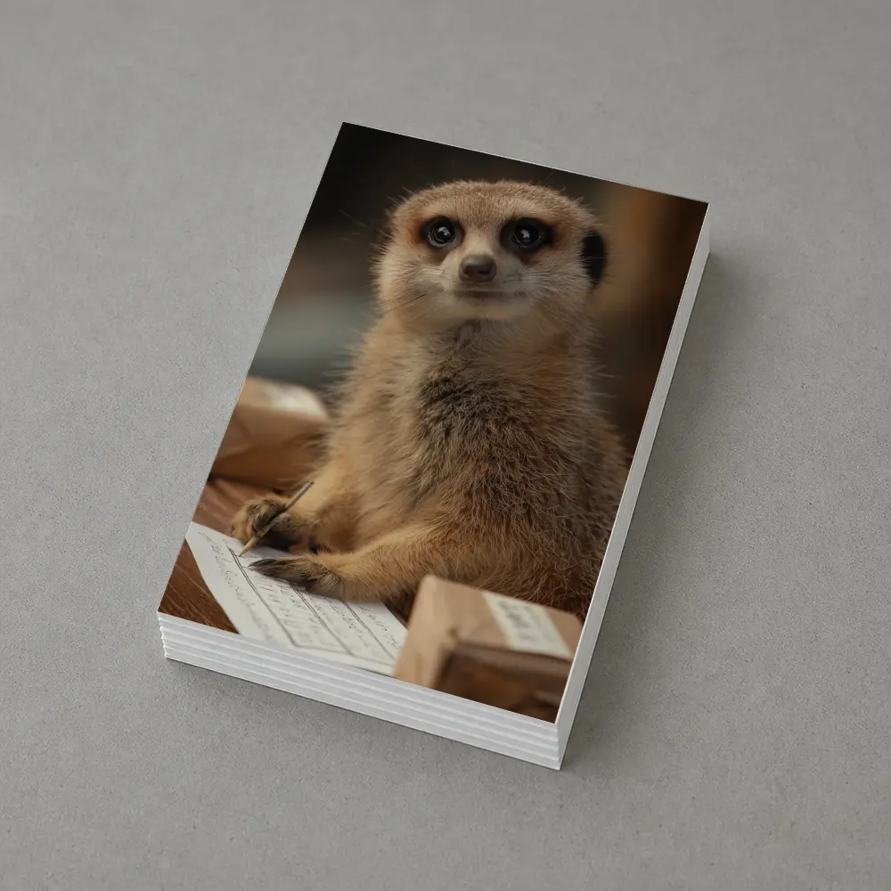 Meerkat Writing Notes On Wooden Desk – Postcards