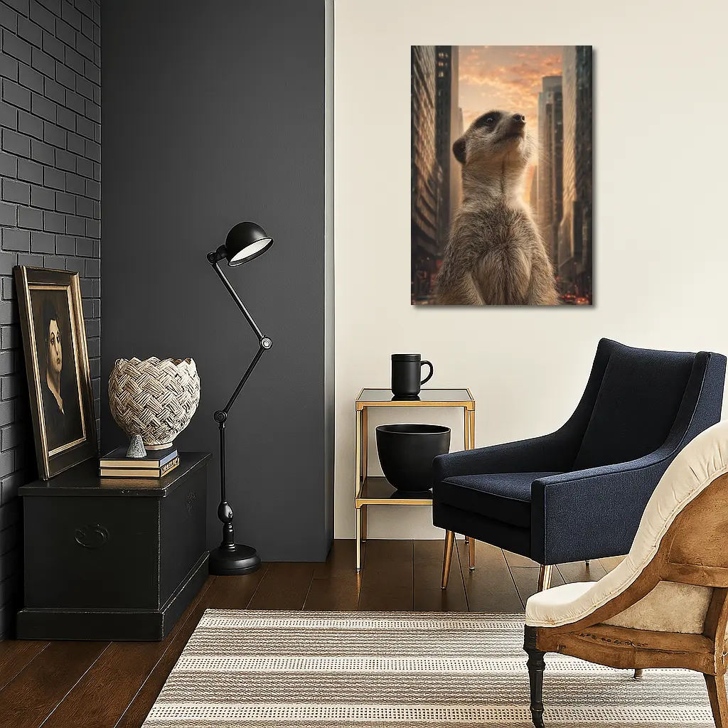 Meerkat Standing Tall City Skyline Sunset – Wall Art