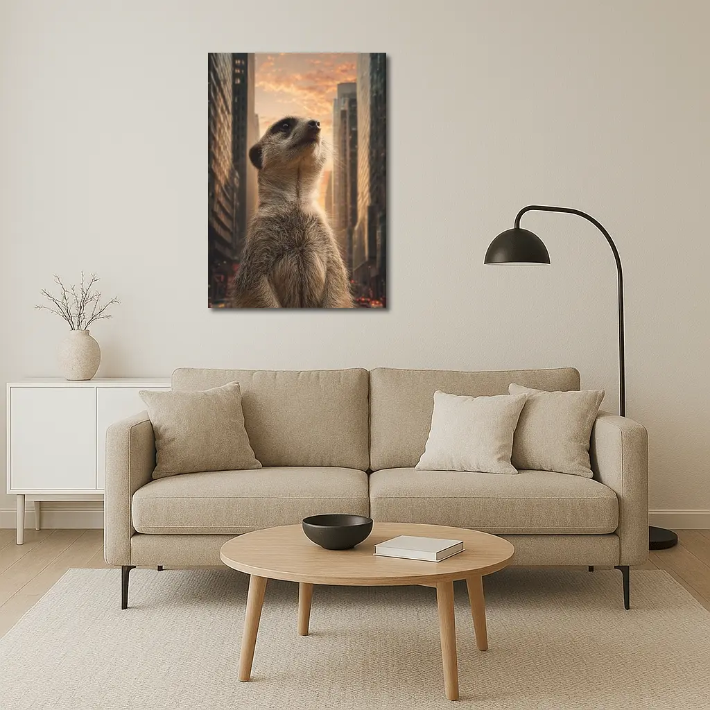 Meerkat Standing Tall City Skyline Sunset – Wall Art