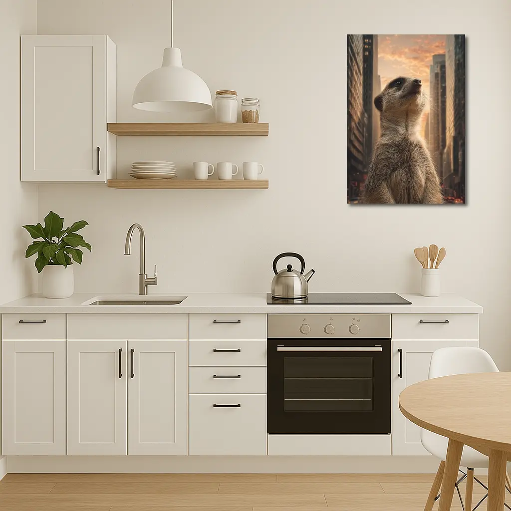 Meerkat Standing Tall City Skyline Sunset – Wall Art