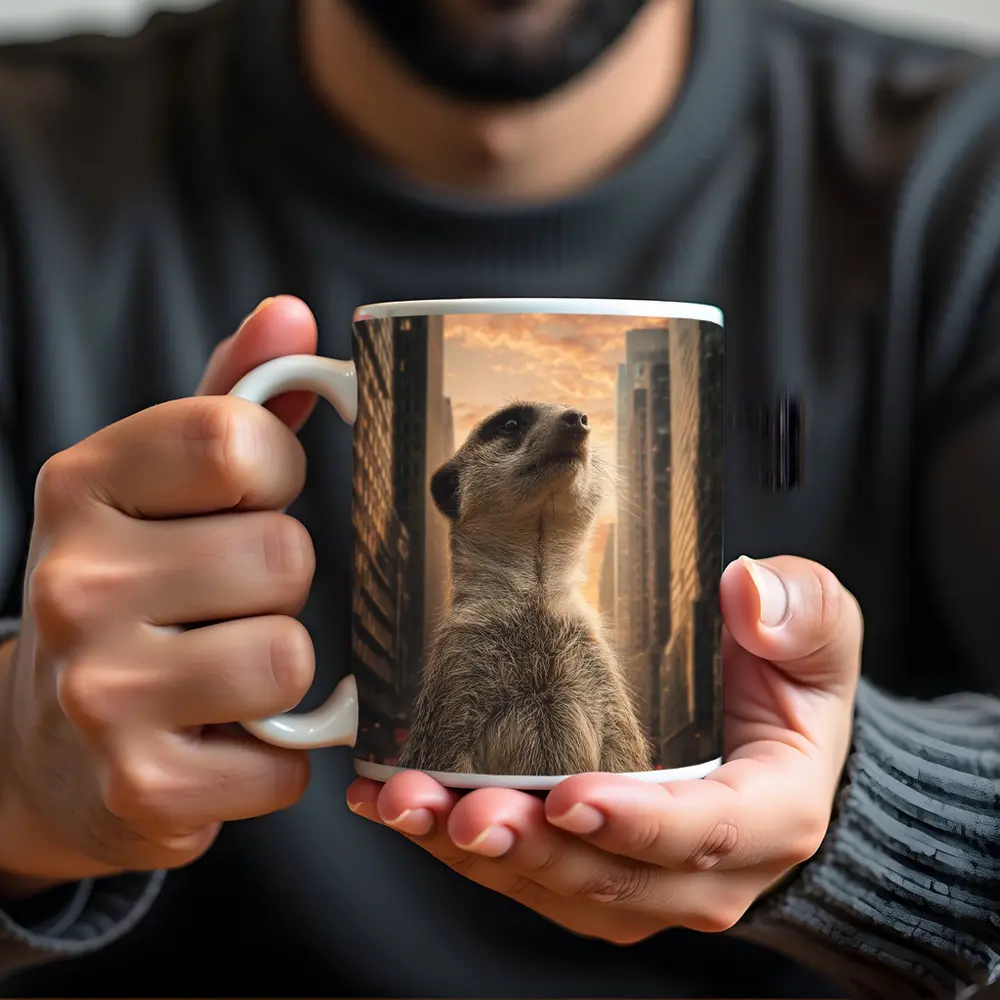 Meerkat Standing Tall City Skyline Sunset – Mugs