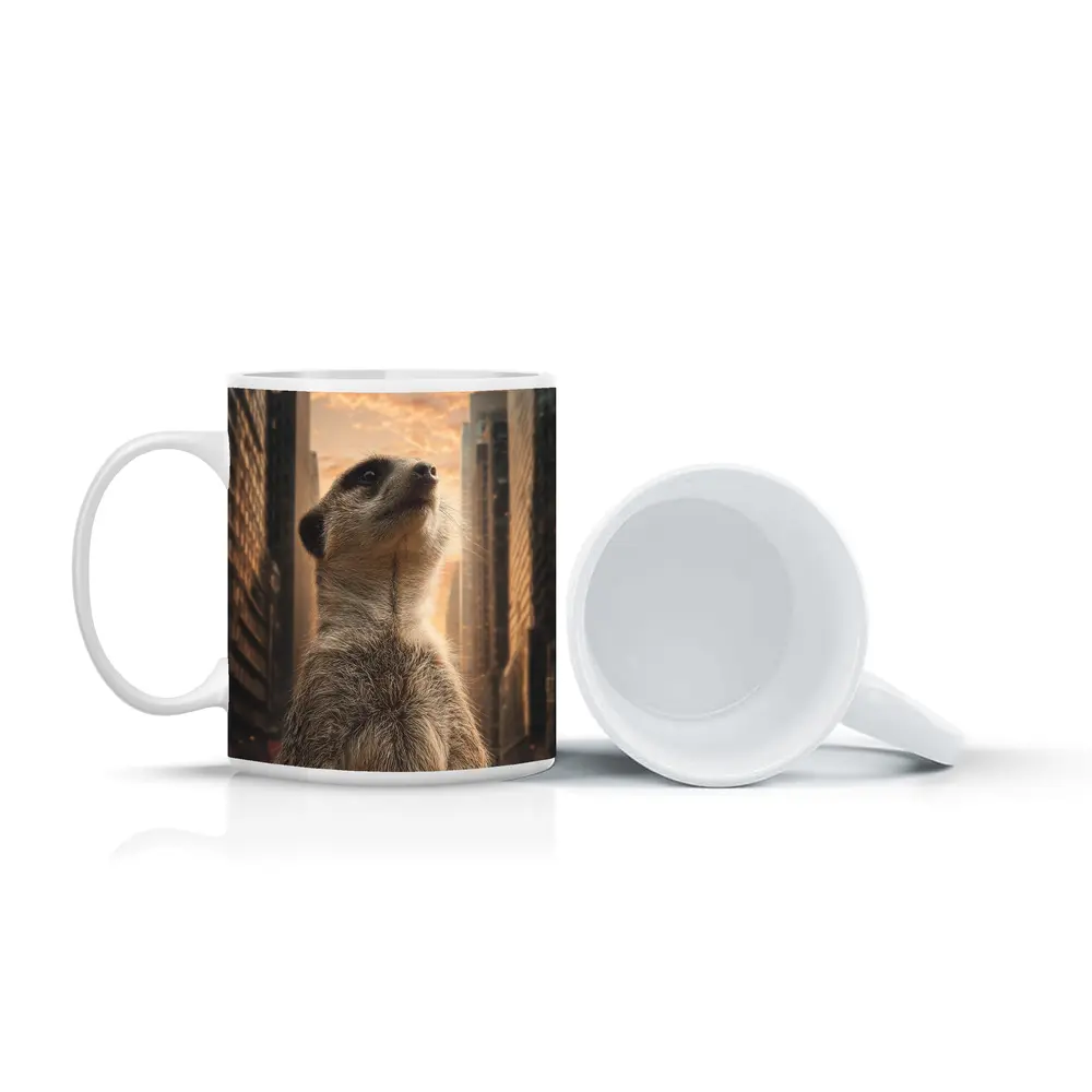 Meerkat Standing Tall City Skyline Sunset – Mugs