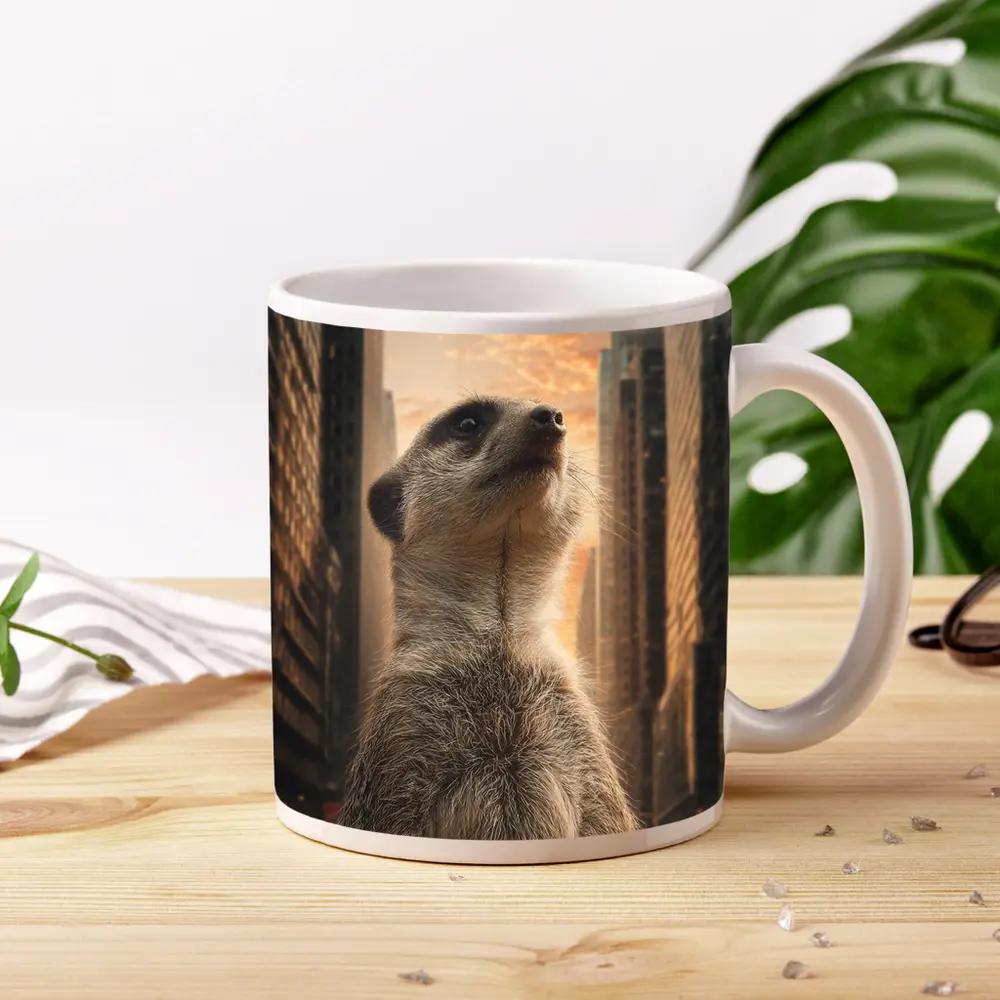 Meerkat Standing Tall City Skyline Sunset – Mugs