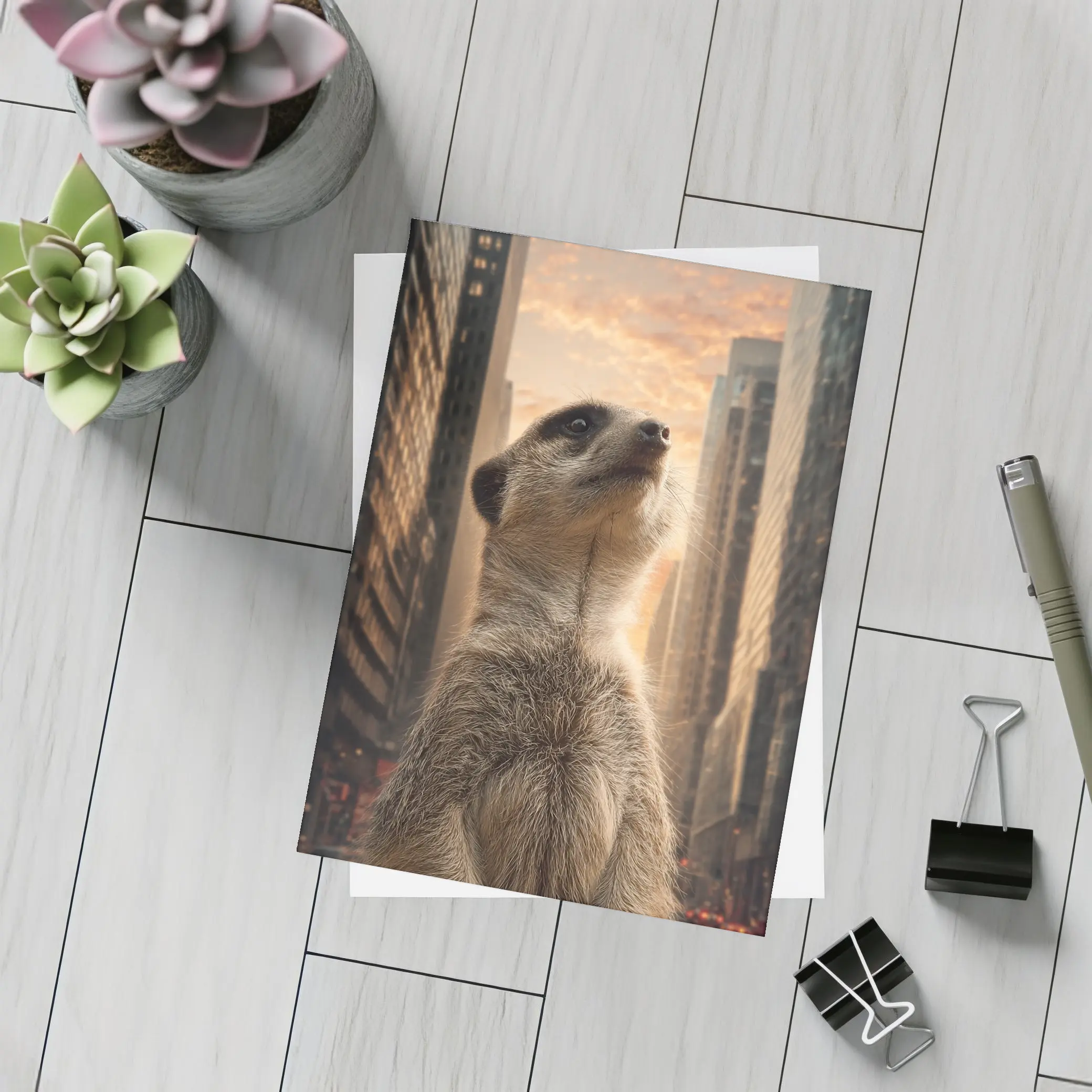 Meerkat Standing Tall City Skyline Sunset – Postcards