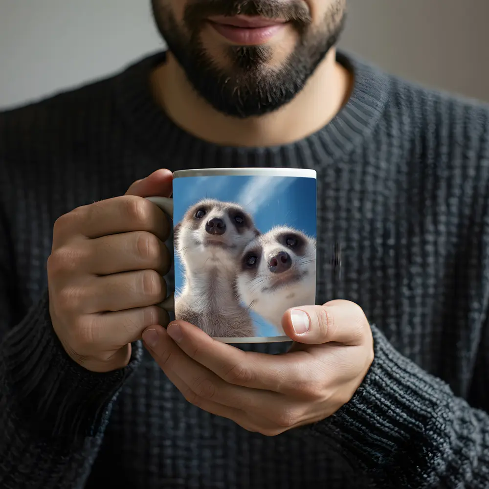 Two Meerkats Looking Up Blue Sky – Mugs