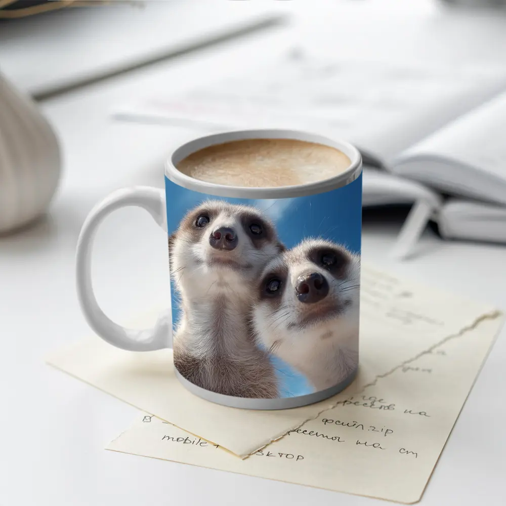 Two Meerkats Looking Up Blue Sky – Mugs