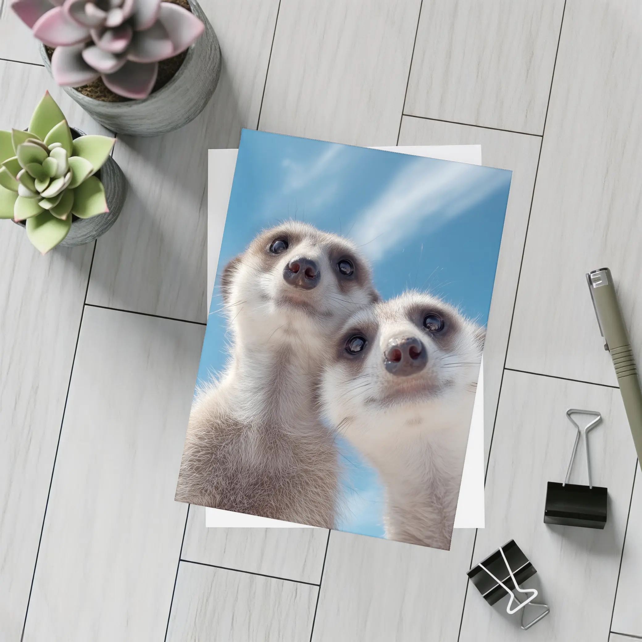 Two Meerkats Looking Up Blue Sky – Postcards