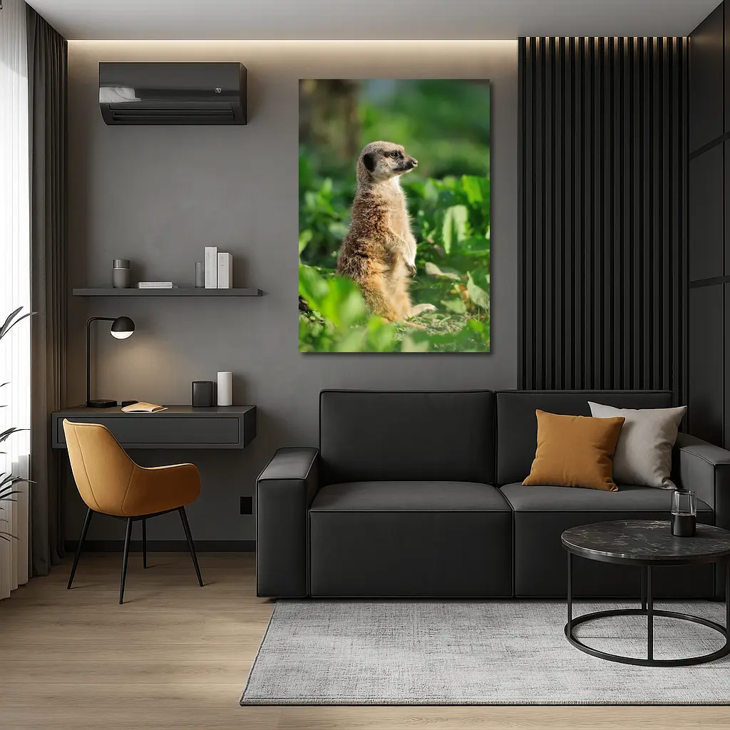 Meerkat Standing Alert In Green Foliage – Wall Art