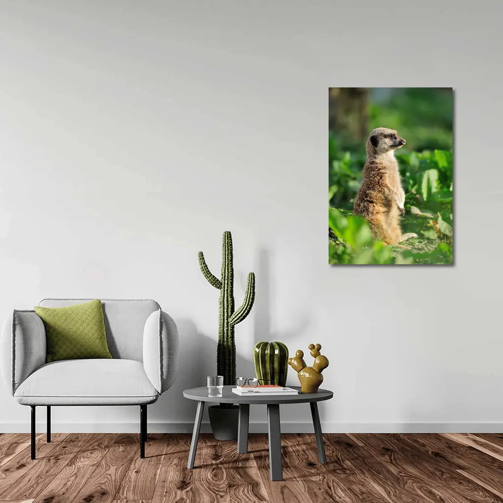 Meerkat Standing Alert In Green Foliage – Wall Art