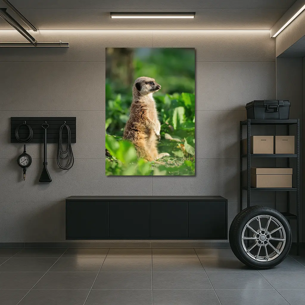 Meerkat Standing Alert In Green Foliage – Wall Art