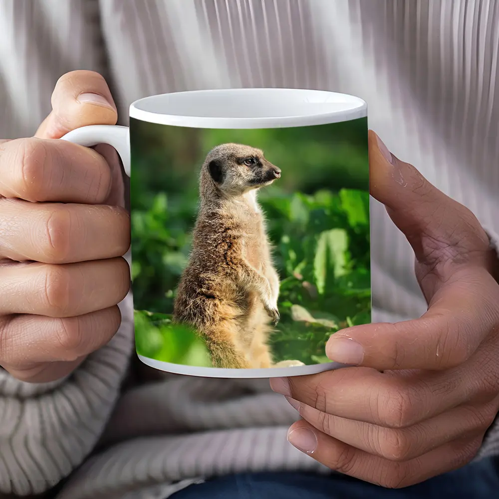 Meerkat Standing Alert In Green Foliage – Mugs