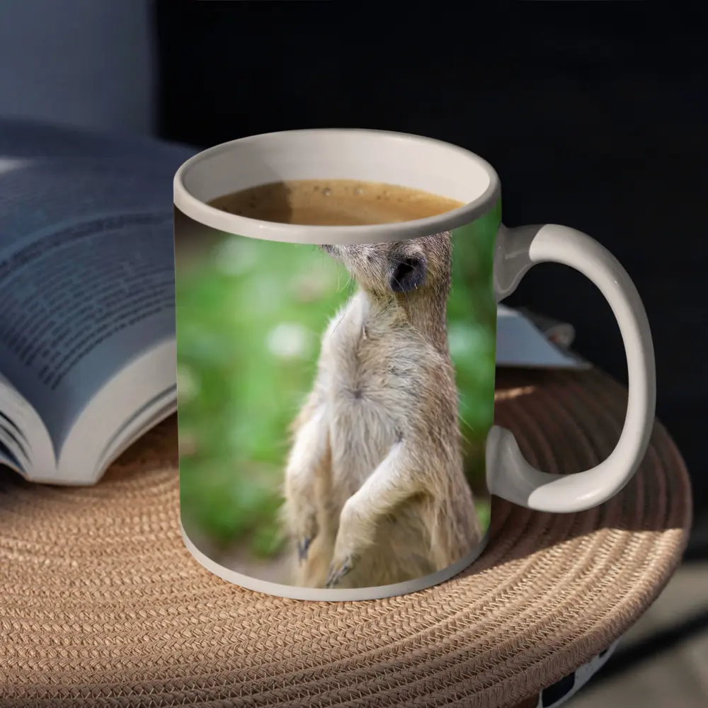 Meerkat Standing Alert Green Nature Background – Mugs