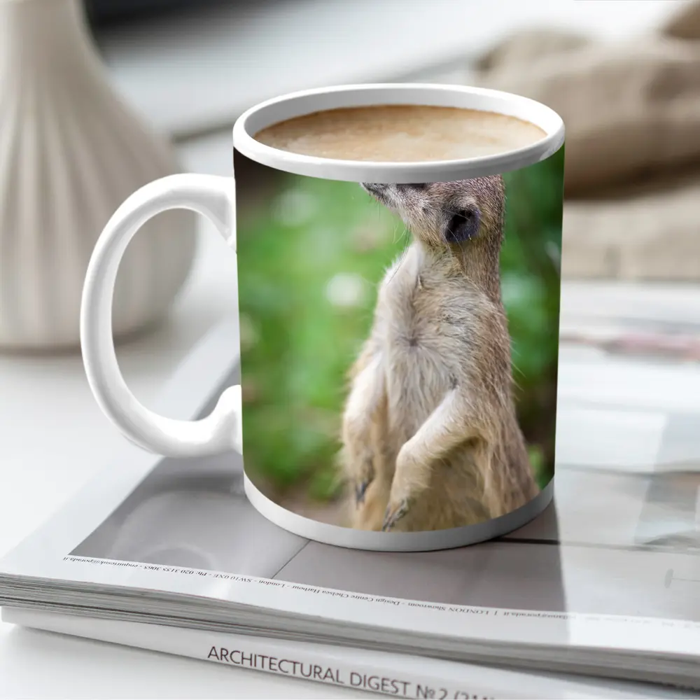 Meerkat Standing Alert Green Nature Background – Mugs