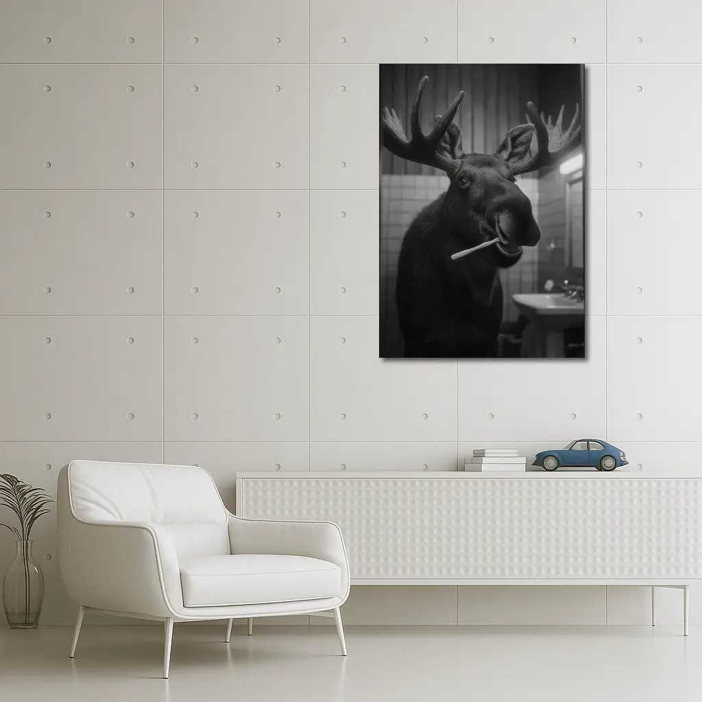 Moose Brushing Teeth in Bathroom Black White – Wall Art