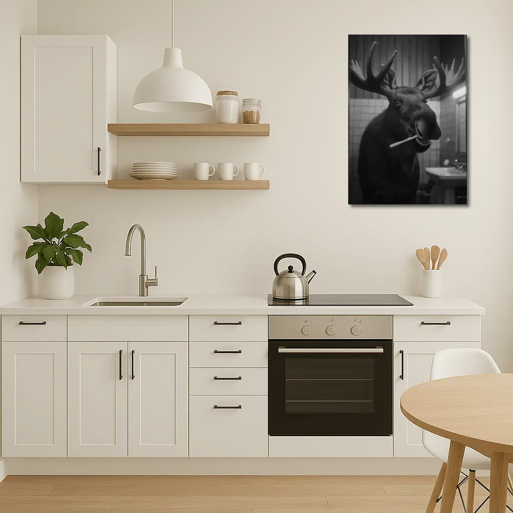 Moose Brushing Teeth in Bathroom Black White – Wall Art