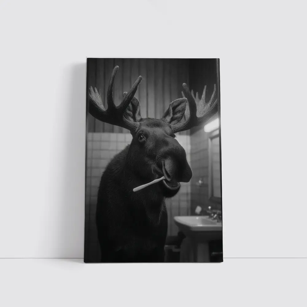 Moose Brushing Teeth in Bathroom Black White – Wall Art