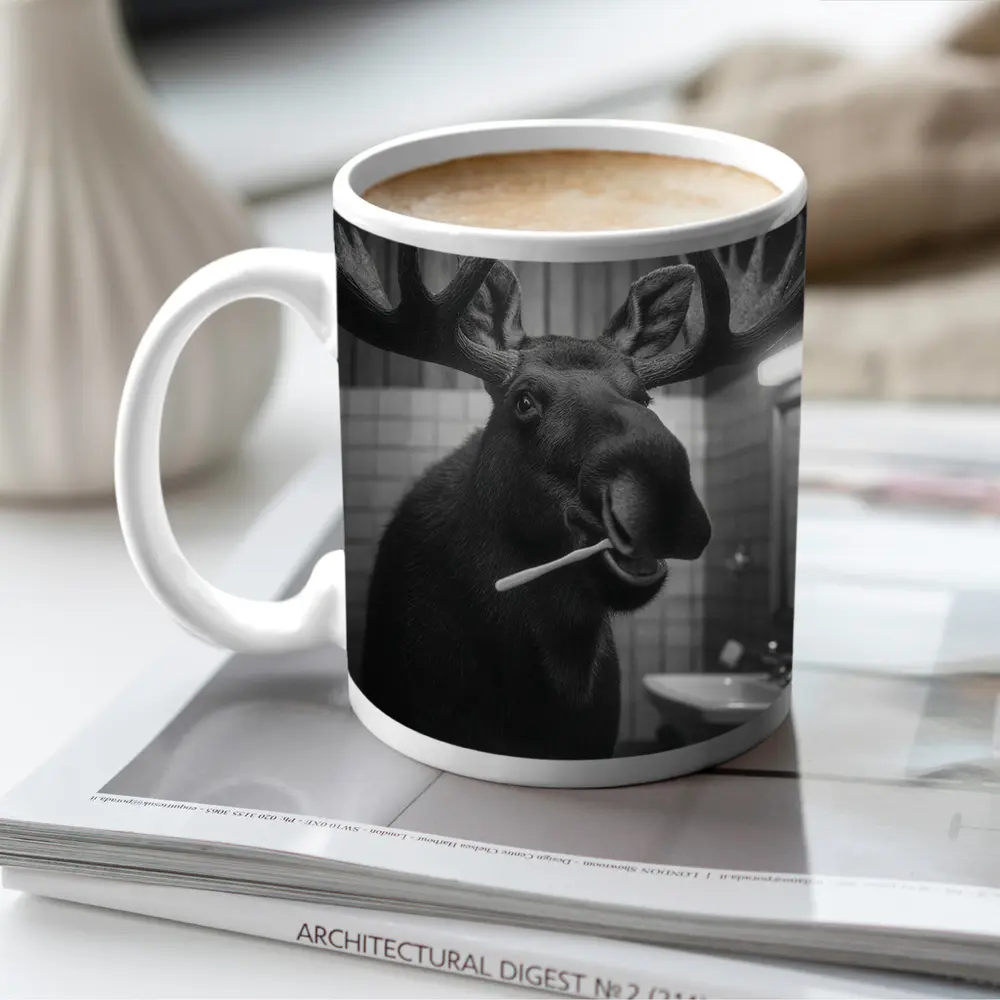 Moose Brushing Teeth in Bathroom Black White – Mugs