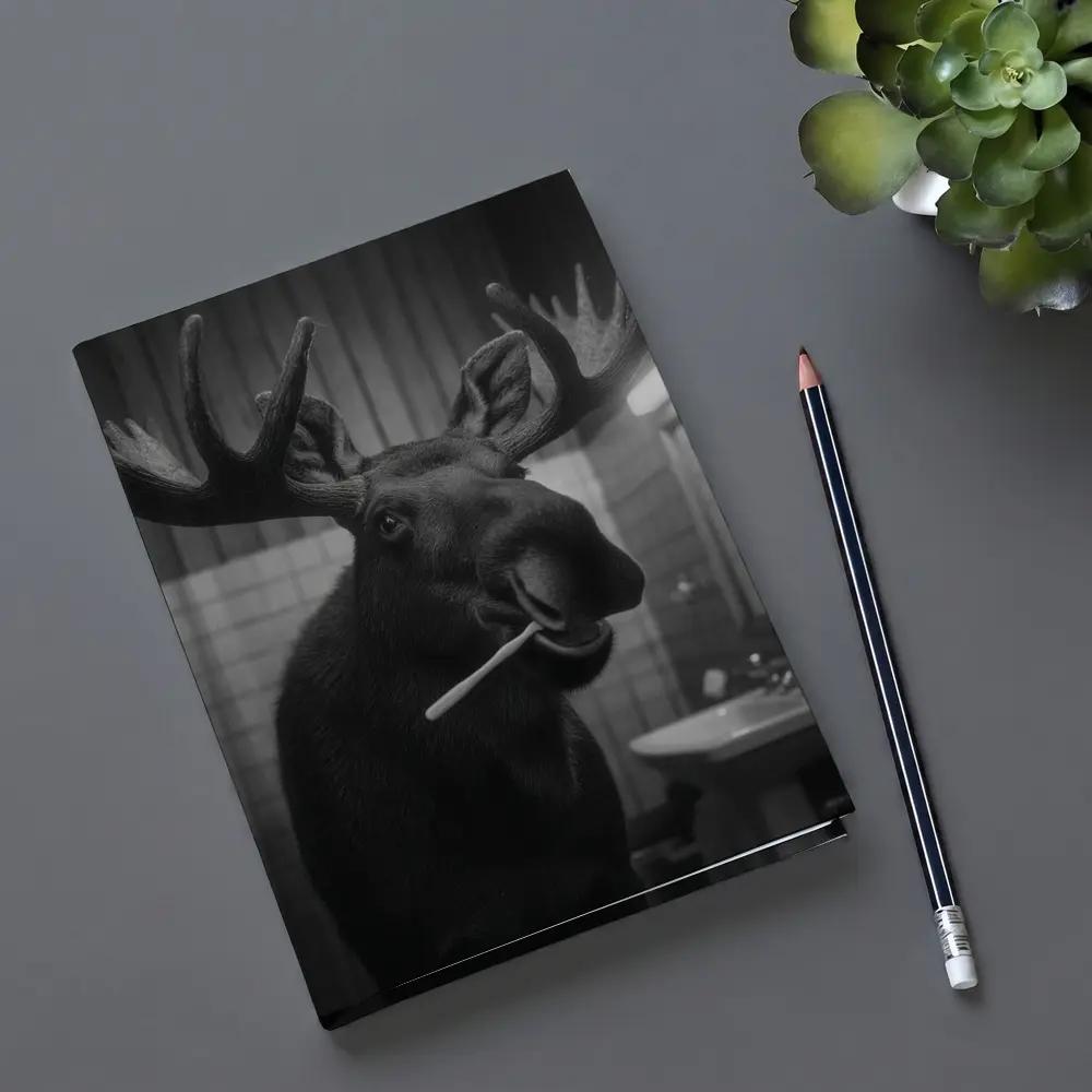 Moose Brushing Teeth in Bathroom Black White – Notebooks