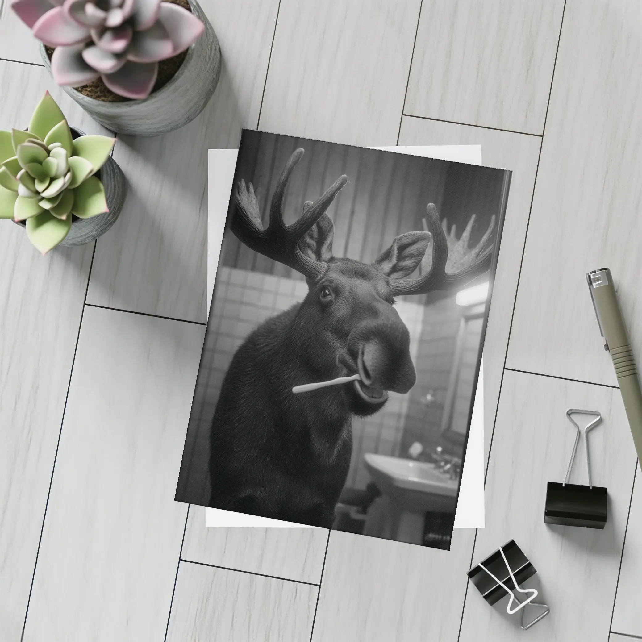 Moose Brushing Teeth in Bathroom Black White – Postcards