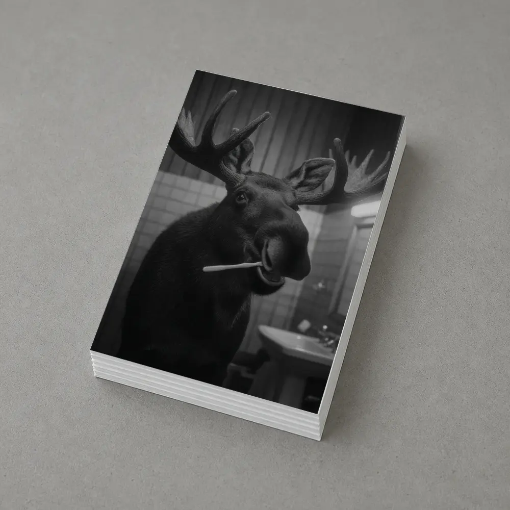 Moose Brushing Teeth in Bathroom Black White – Postcards