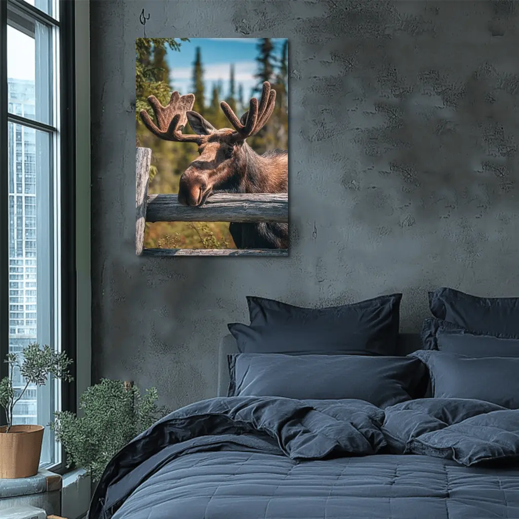 Bull Moose Resting on Wooden Fence Forest – Wall Art