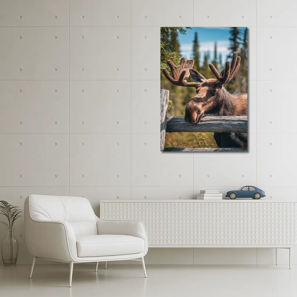 Bull Moose Resting on Wooden Fence Forest – Wall Art