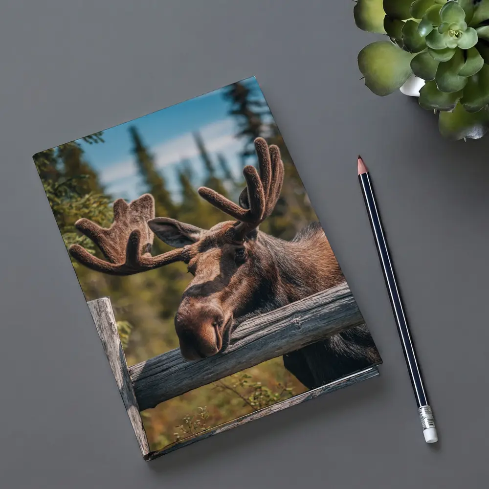 Bull Moose Resting on Wooden Fence Forest – Notebooks