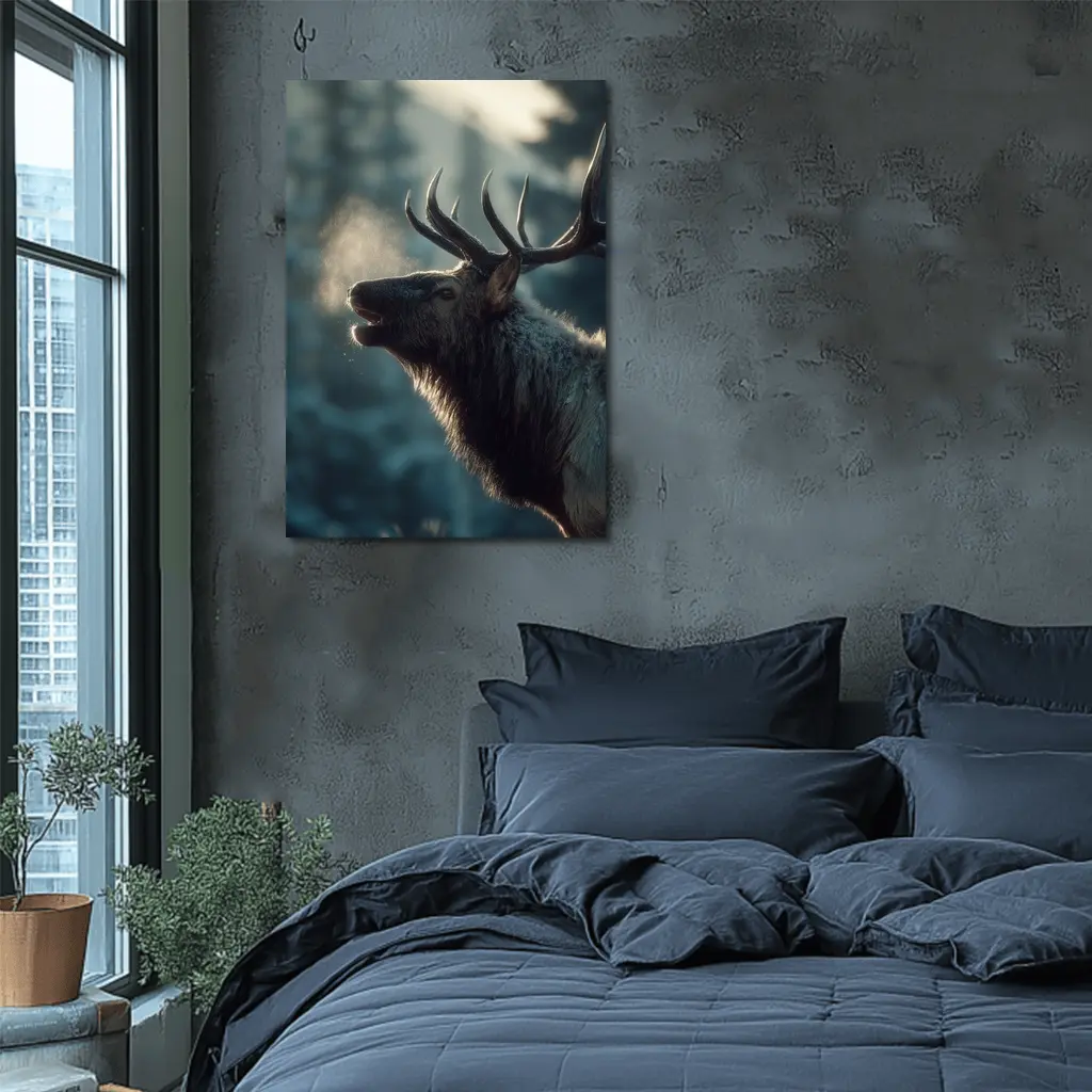 Bull Elk Bugling In Misty Winter Forest – Wall Art