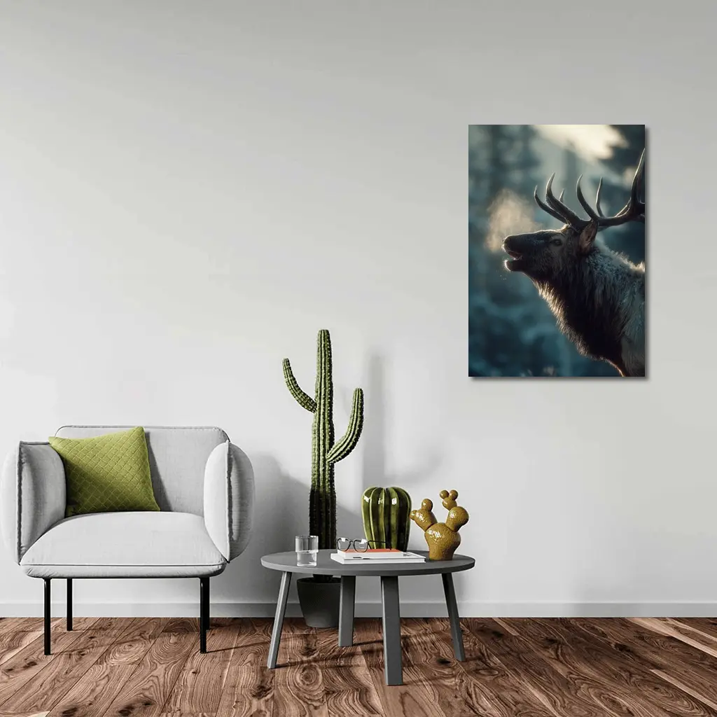 Bull Elk Bugling In Misty Winter Forest – Wall Art