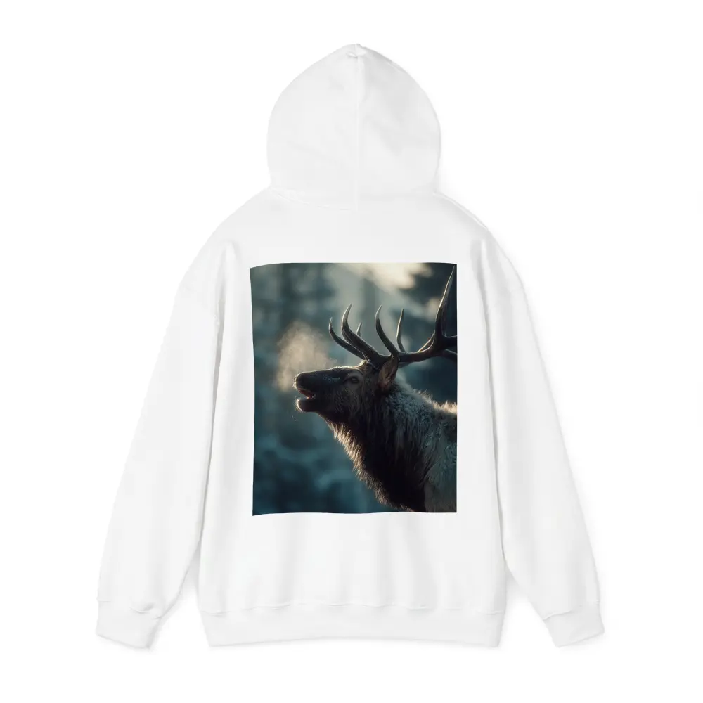 Bull Elk Bugling In Misty Winter Forest – Hoodies