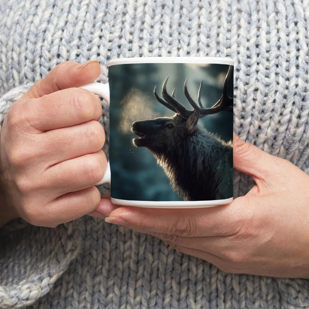 Bull Elk Bugling In Misty Winter Forest – Mugs