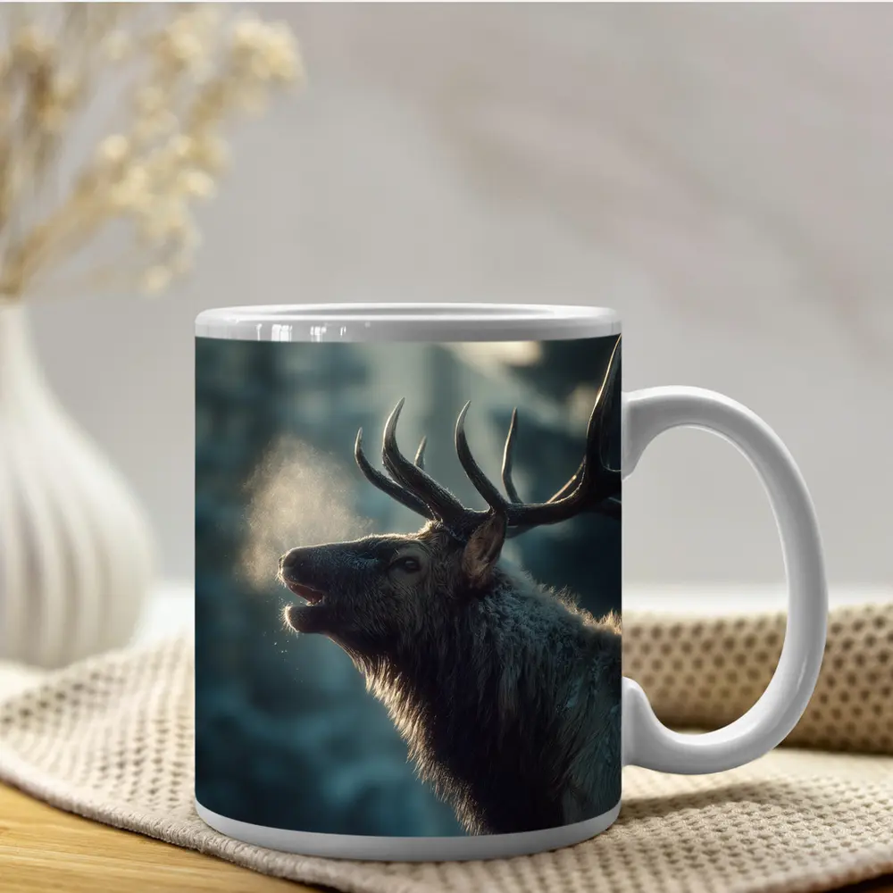 Bull Elk Bugling In Misty Winter Forest – Mugs