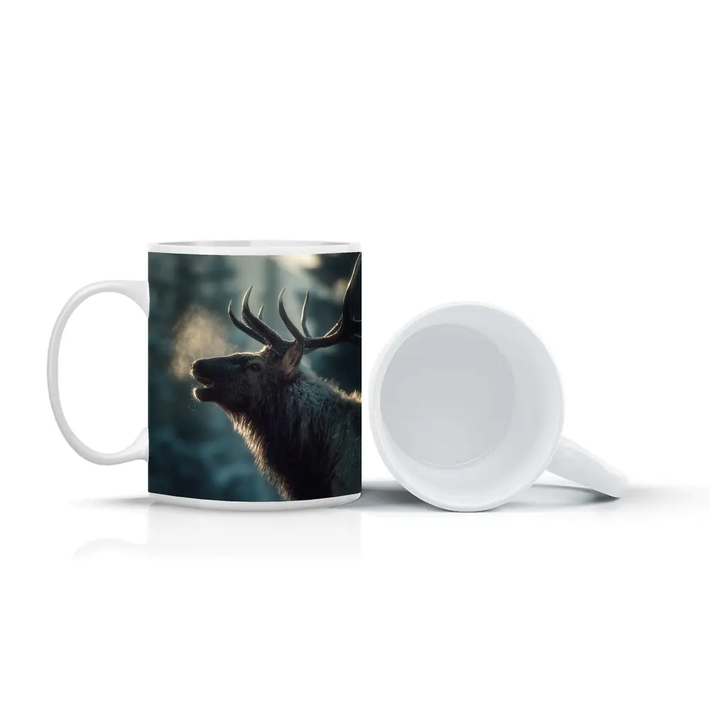 Bull Elk Bugling In Misty Winter Forest – Mugs