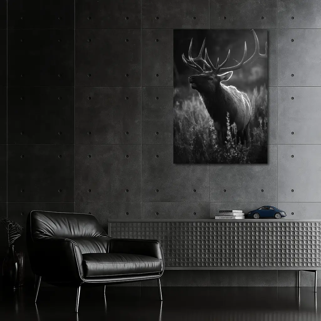 Bull Elk Standing in Dark Meadow Grass – Wall Art