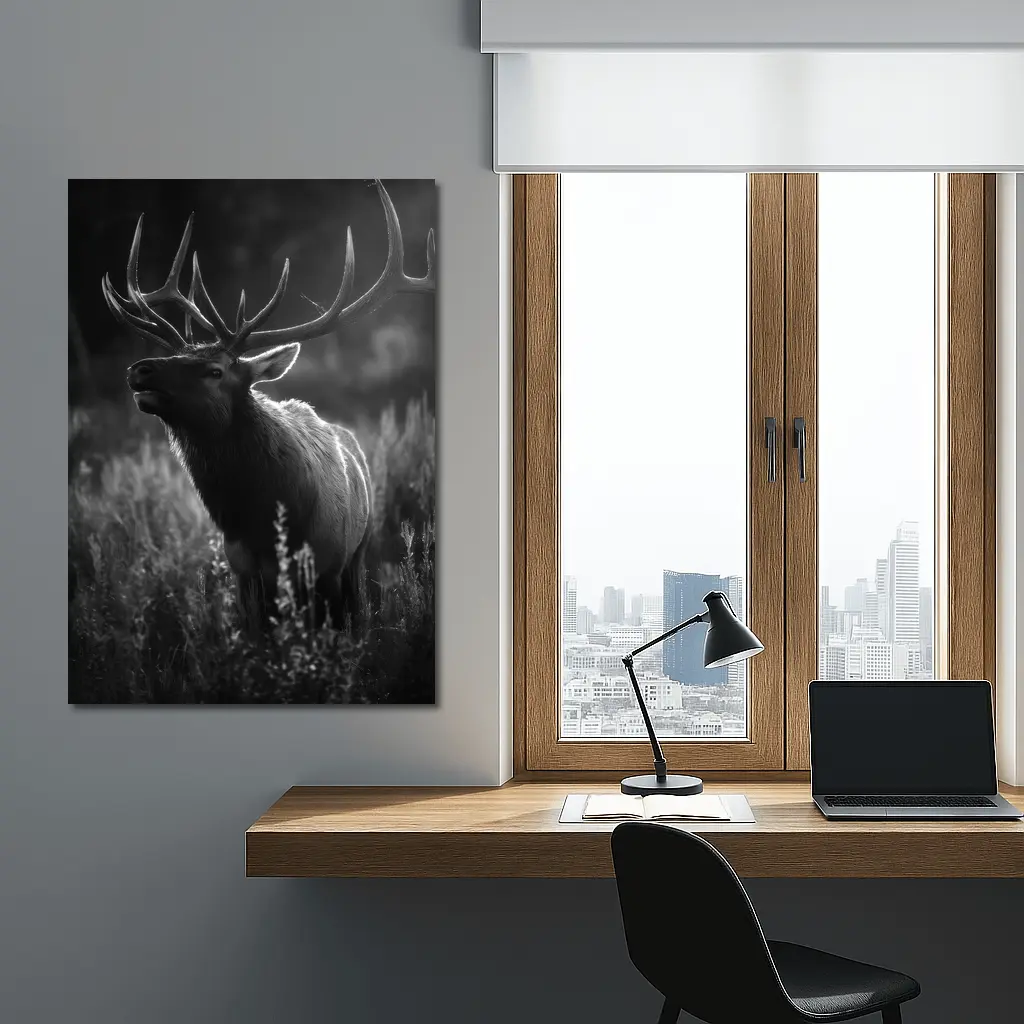 Bull Elk Standing in Dark Meadow Grass – Wall Art