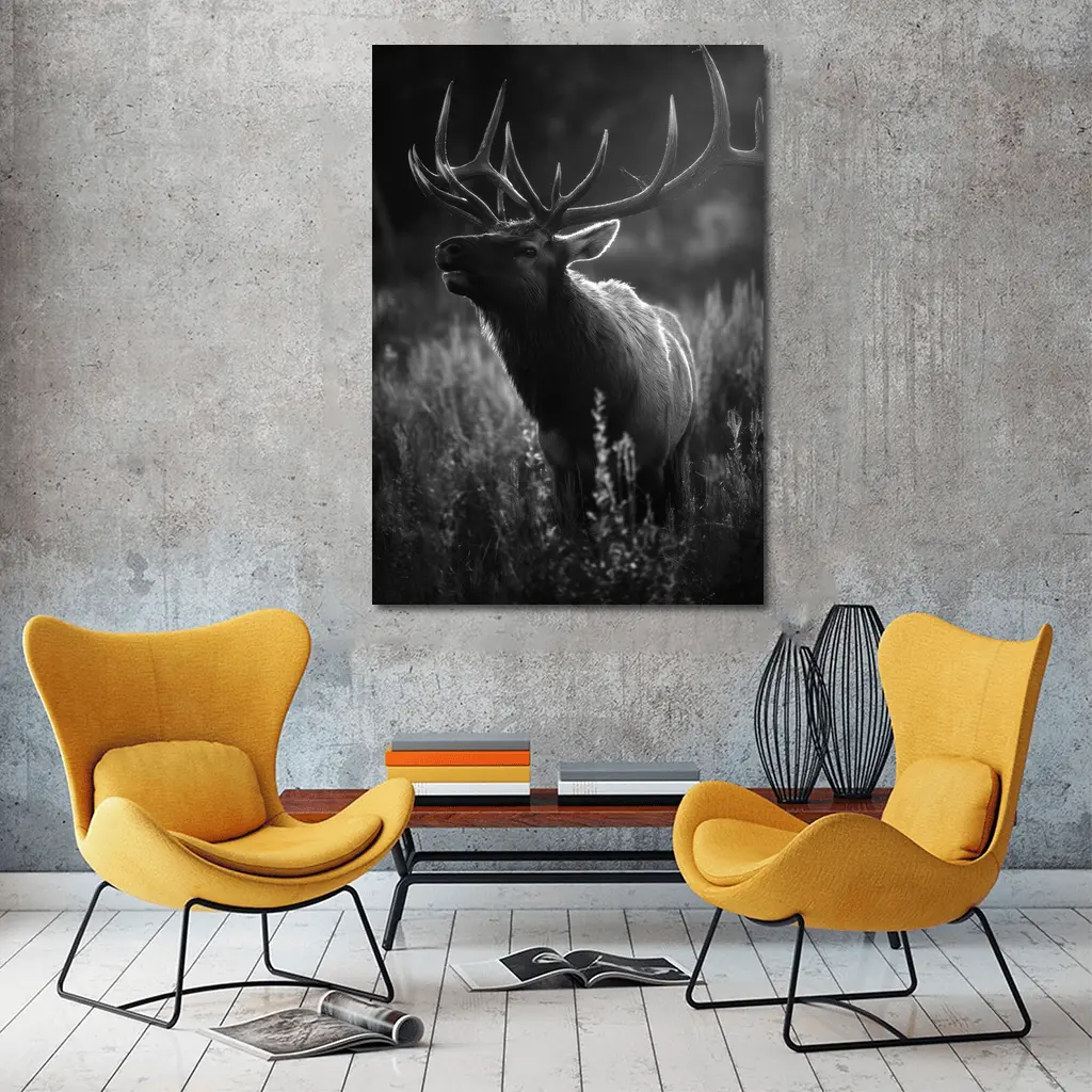 Bull Elk Standing in Dark Meadow Grass – Wall Art