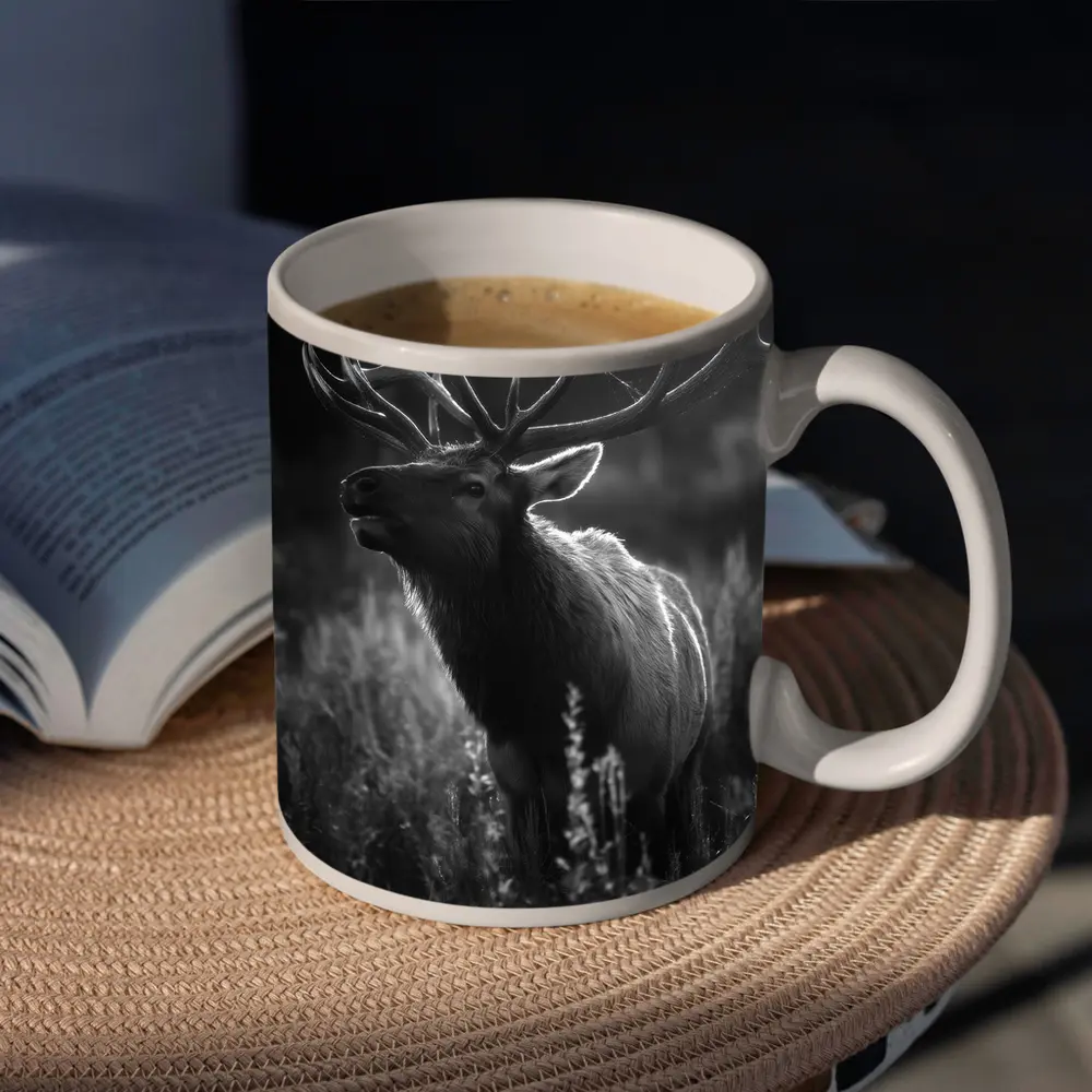 Bull Elk Standing in Dark Meadow Grass – Mugs