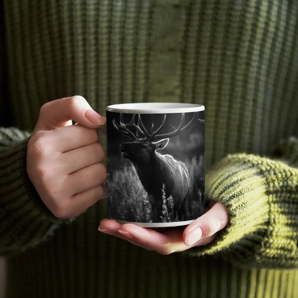 Bull Elk Standing in Dark Meadow Grass – Mugs