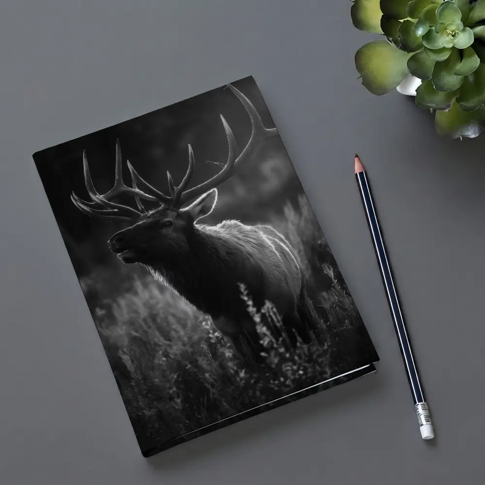 Bull Elk Standing in Dark Meadow Grass – Notebooks