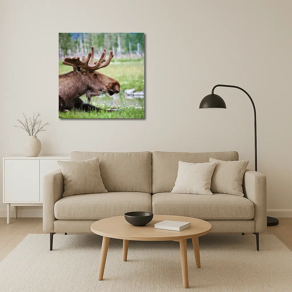 Bull Moose Resting in Green Meadow – Wall Art