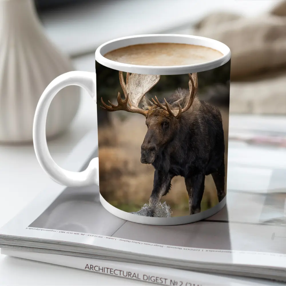 Bull Moose Splashing Water Autumn Wilderness – Mugs