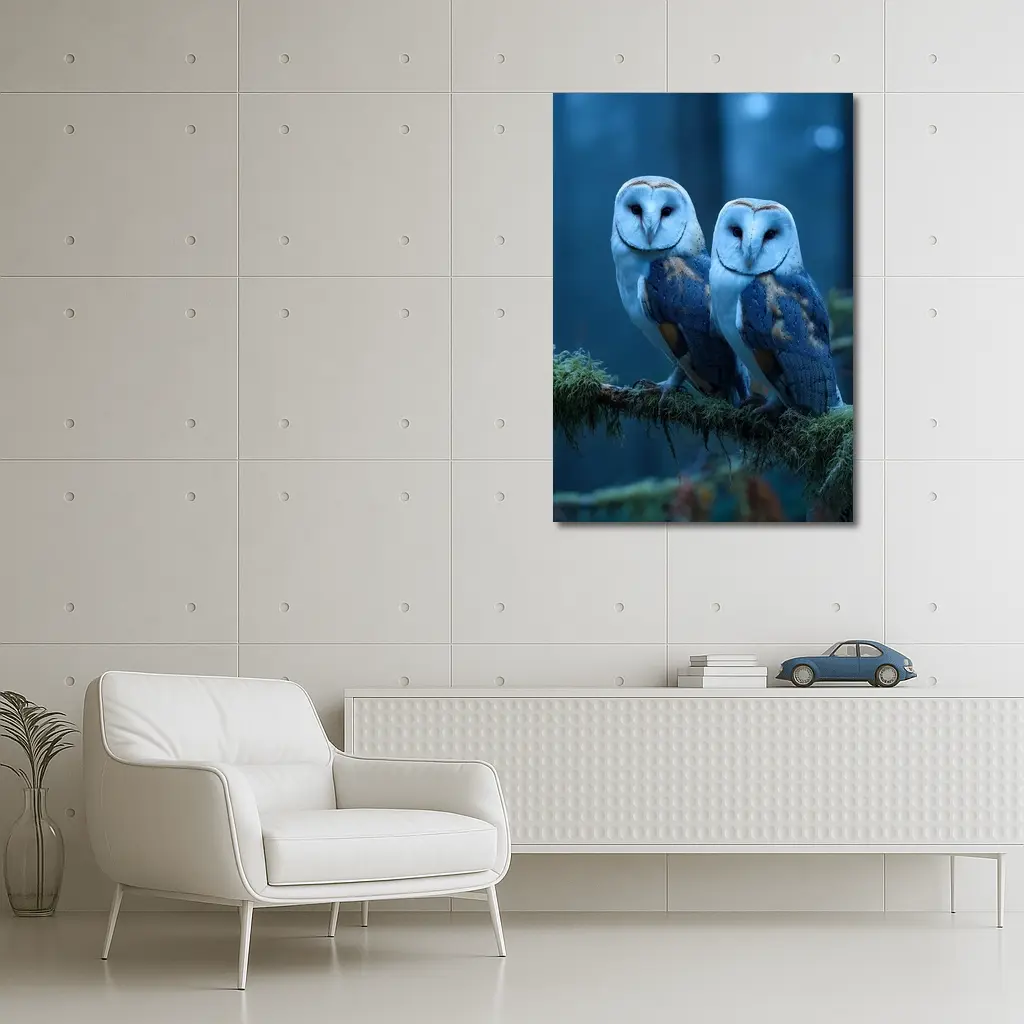 Two Barn Owls Perched Misty Blue Forest – Wall Art